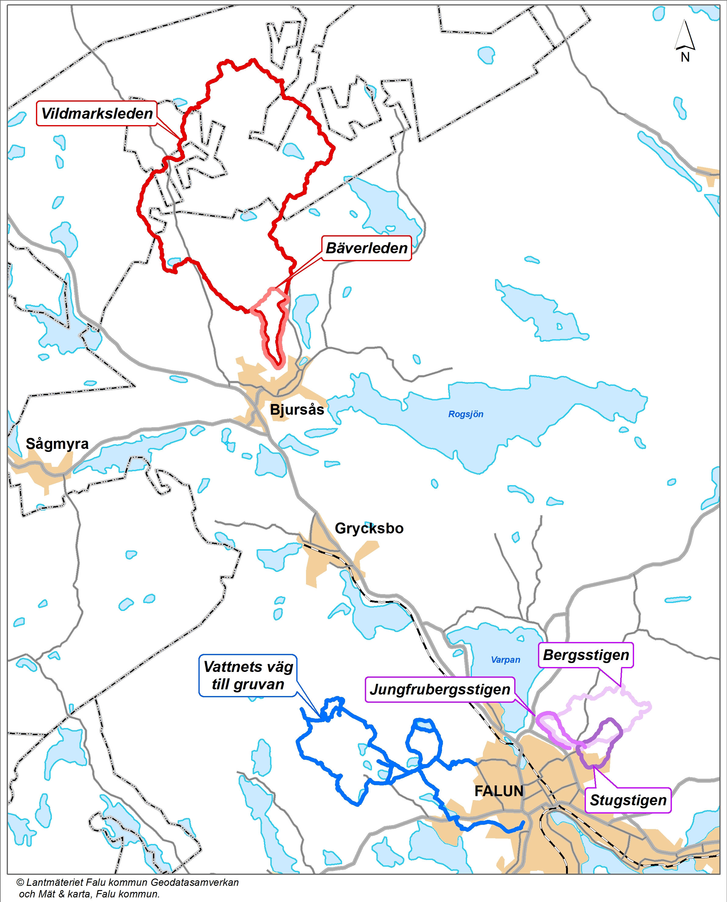 Karta över vandringsleder som kommunen ansvarar för