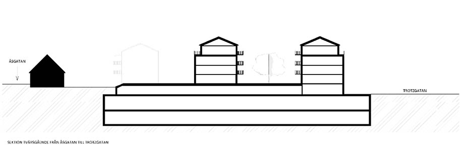 Ritning i svart och vitt där de olika planen på byggnaden syns